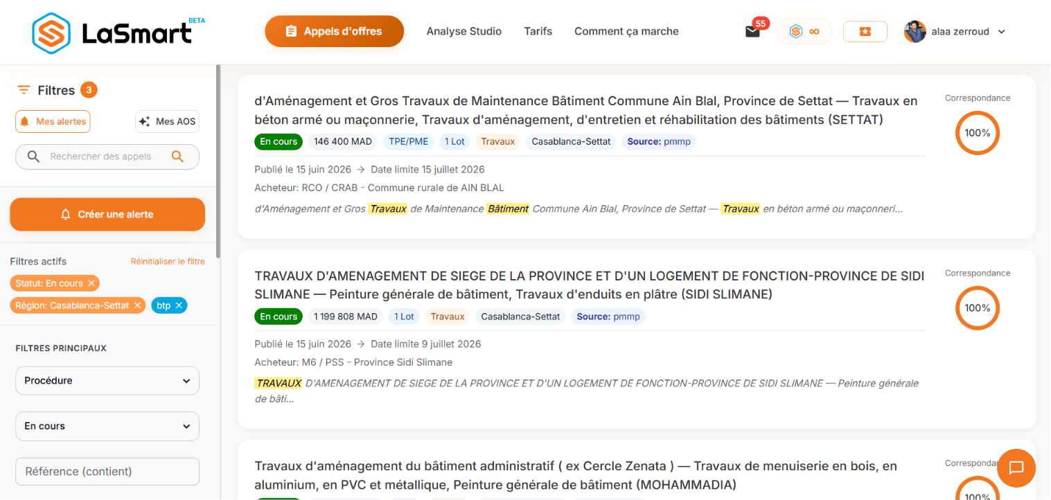 Interface LaSmart — recherche d'appels d'offres publics au Maroc